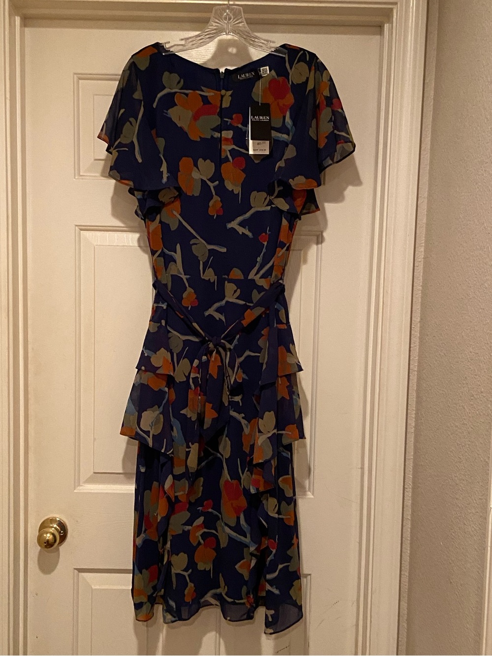 Ralph Lauren Sz 14 Dress Short Sleeve Maxi Multi Tiered Ruffle With Tie Belt